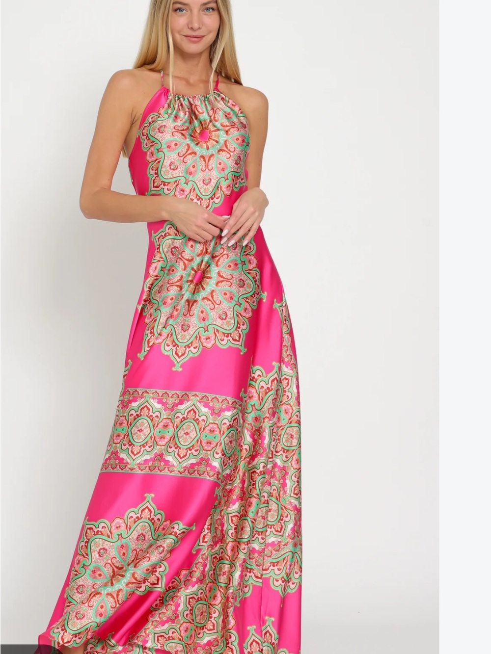 Vici Hot Pink Halter Maxi Dress with Green Medallion Print